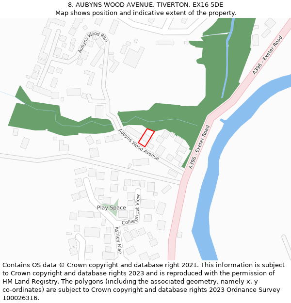 8, AUBYNS WOOD AVENUE, TIVERTON, EX16 5DE: Location map and indicative extent of plot