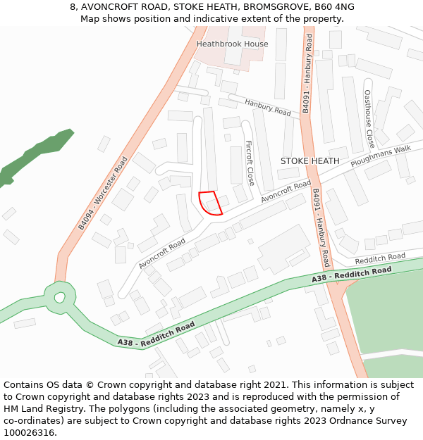 8, AVONCROFT ROAD, STOKE HEATH, BROMSGROVE, B60 4NG: Location map and indicative extent of plot