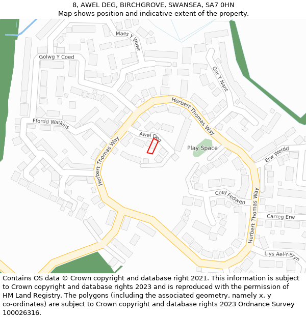 8, AWEL DEG, BIRCHGROVE, SWANSEA, SA7 0HN: Location map and indicative extent of plot