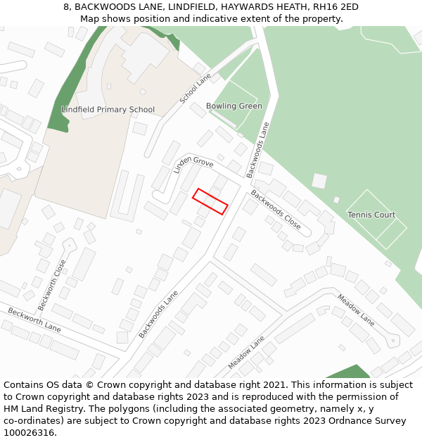 8, BACKWOODS LANE, LINDFIELD, HAYWARDS HEATH, RH16 2ED: Location map and indicative extent of plot