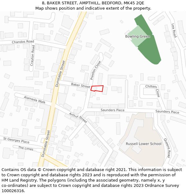 8, BAKER STREET, AMPTHILL, BEDFORD, MK45 2QE: Location map and indicative extent of plot