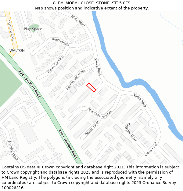 8, BALMORAL CLOSE, STONE, ST15 0ES: Location map and indicative extent of plot