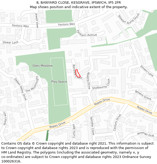 8, BANYARD CLOSE, KESGRAVE, IPSWICH, IP5 2FR: Location map and indicative extent of plot