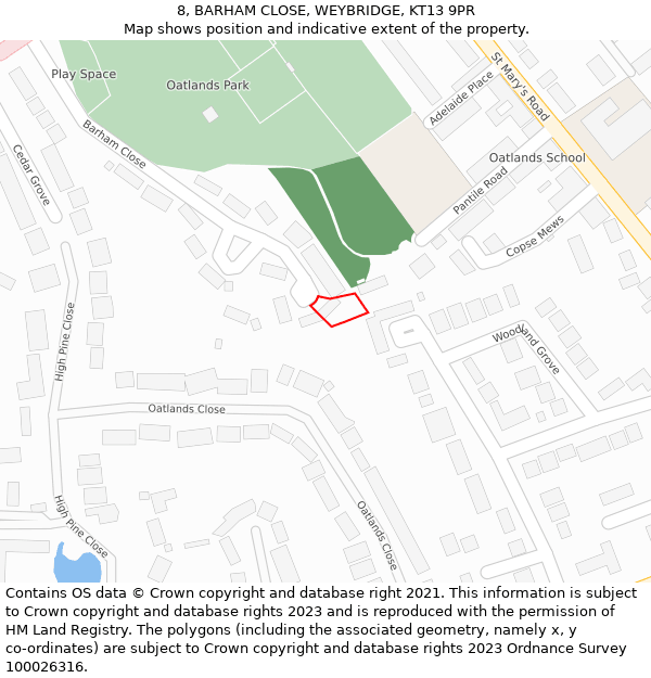 8, BARHAM CLOSE, WEYBRIDGE, KT13 9PR: Location map and indicative extent of plot