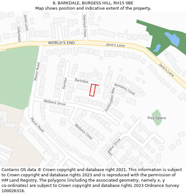 8, BARKDALE, BURGESS HILL, RH15 0BE: Location map and indicative extent of plot