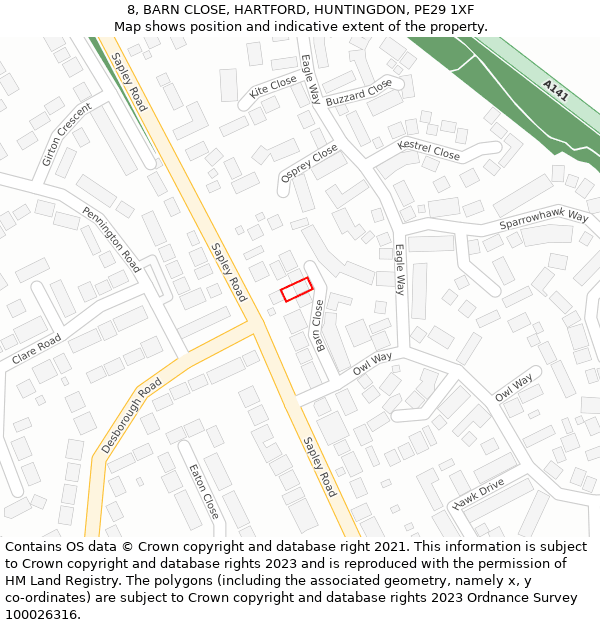 8, BARN CLOSE, HARTFORD, HUNTINGDON, PE29 1XF: Location map and indicative extent of plot