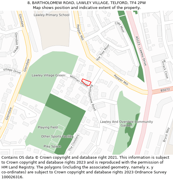 8, BARTHOLOMEW ROAD, LAWLEY VILLAGE, TELFORD, TF4 2PW: Location map and indicative extent of plot