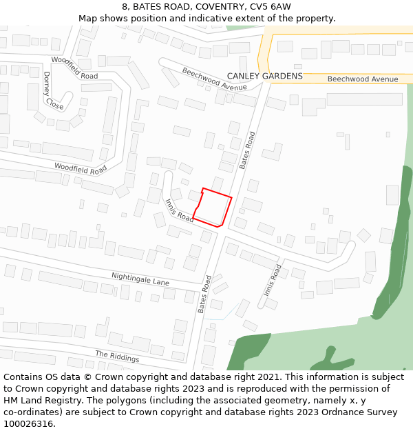 8, BATES ROAD, COVENTRY, CV5 6AW: Location map and indicative extent of plot