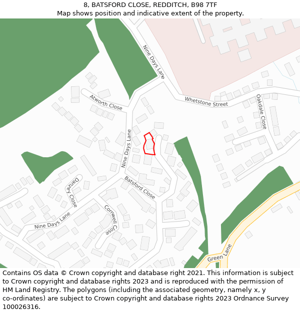 8, BATSFORD CLOSE, REDDITCH, B98 7TF: Location map and indicative extent of plot