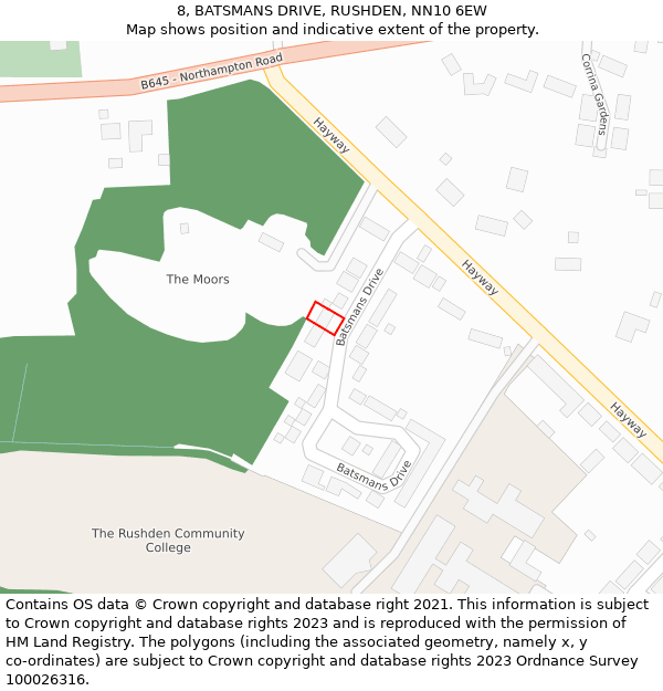 8, BATSMANS DRIVE, RUSHDEN, NN10 6EW: Location map and indicative extent of plot