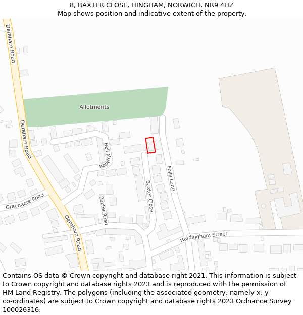 8, BAXTER CLOSE, HINGHAM, NORWICH, NR9 4HZ: Location map and indicative extent of plot