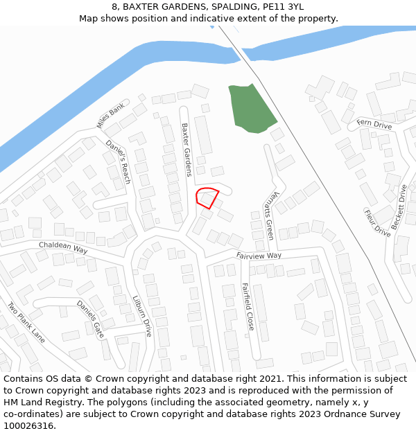 8, BAXTER GARDENS, SPALDING, PE11 3YL: Location map and indicative extent of plot