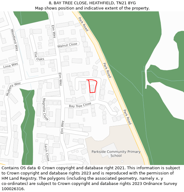 8, BAY TREE CLOSE, HEATHFIELD, TN21 8YG: Location map and indicative extent of plot