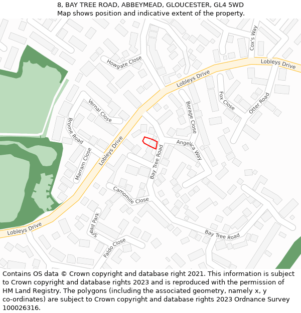 8, BAY TREE ROAD, ABBEYMEAD, GLOUCESTER, GL4 5WD: Location map and indicative extent of plot