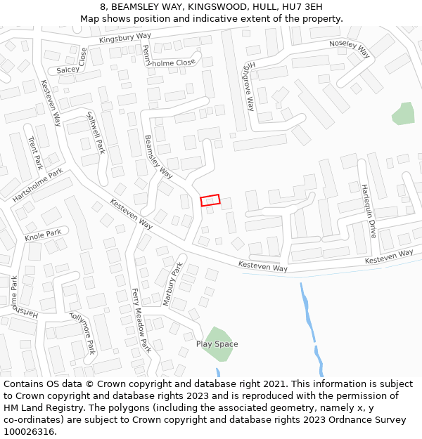 8, BEAMSLEY WAY, KINGSWOOD, HULL, HU7 3EH: Location map and indicative extent of plot