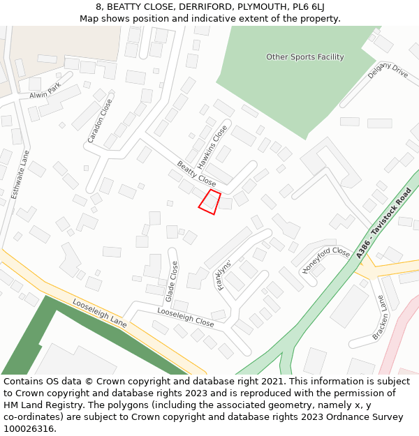 8, BEATTY CLOSE, DERRIFORD, PLYMOUTH, PL6 6LJ: Location map and indicative extent of plot