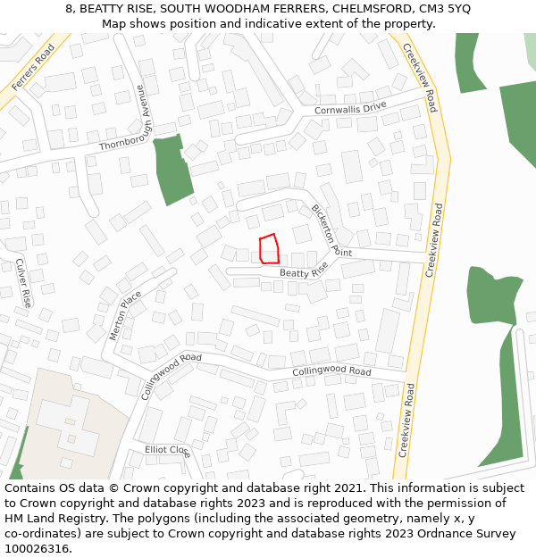 8, BEATTY RISE, SOUTH WOODHAM FERRERS, CHELMSFORD, CM3 5YQ: Location map and indicative extent of plot