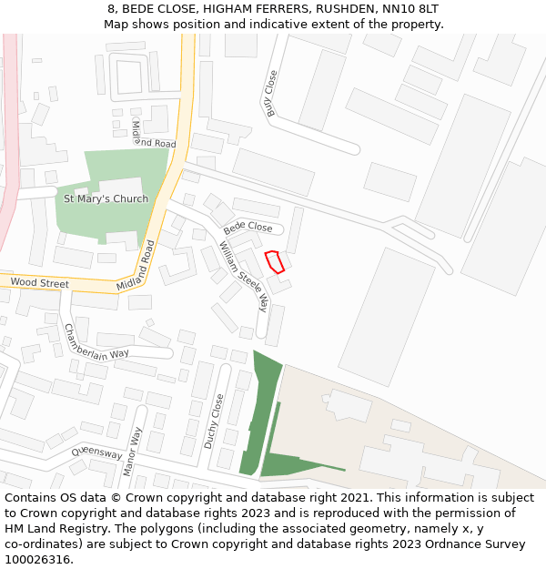 8, BEDE CLOSE, HIGHAM FERRERS, RUSHDEN, NN10 8LT: Location map and indicative extent of plot