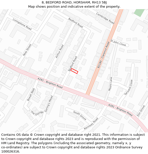 8, BEDFORD ROAD, HORSHAM, RH13 5BJ: Location map and indicative extent of plot