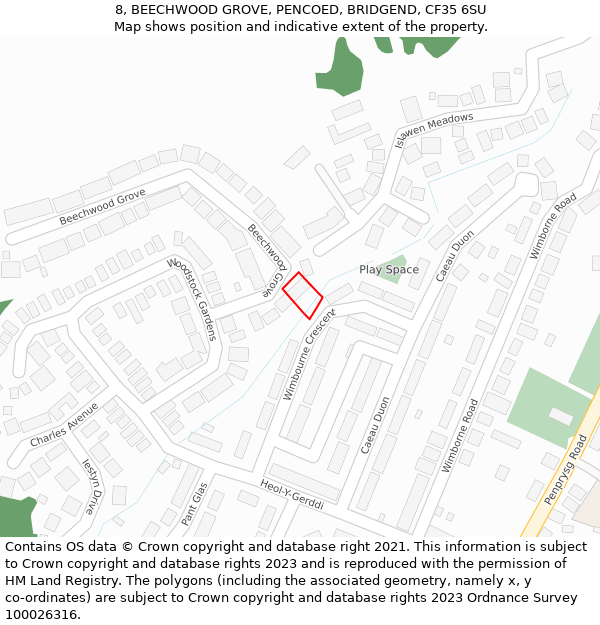 8, BEECHWOOD GROVE, PENCOED, BRIDGEND, CF35 6SU: Location map and indicative extent of plot