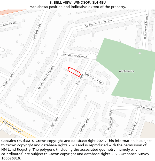 8, BELL VIEW, WINDSOR, SL4 4EU: Location map and indicative extent of plot