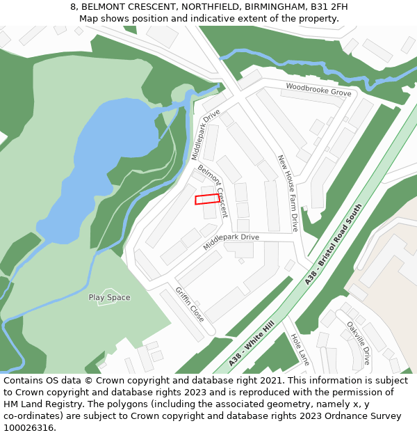 8, BELMONT CRESCENT, NORTHFIELD, BIRMINGHAM, B31 2FH: Location map and indicative extent of plot