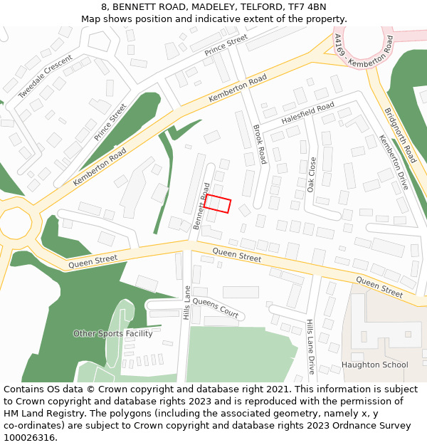 8, BENNETT ROAD, MADELEY, TELFORD, TF7 4BN: Location map and indicative extent of plot