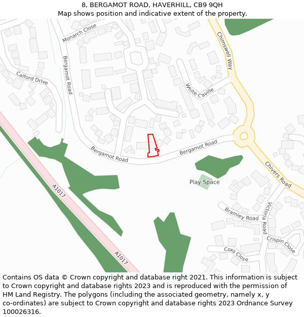 8, BERGAMOT ROAD, HAVERHILL, CB9 9QH: Location map and indicative extent of plot