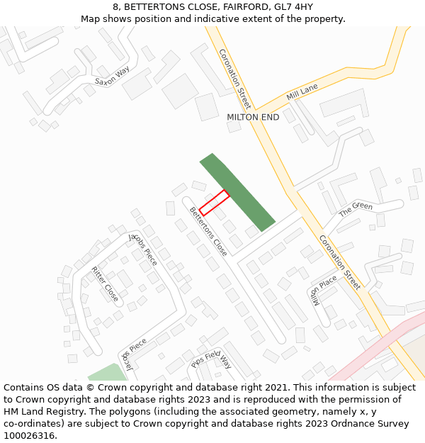 8, BETTERTONS CLOSE, FAIRFORD, GL7 4HY: Location map and indicative extent of plot