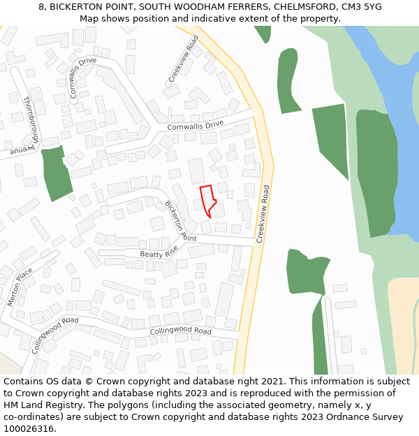8, BICKERTON POINT, SOUTH WOODHAM FERRERS, CHELMSFORD, CM3 5YG: Location map and indicative extent of plot