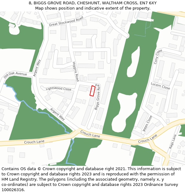 8, BIGGS GROVE ROAD, CHESHUNT, WALTHAM CROSS, EN7 6XY: Location map and indicative extent of plot