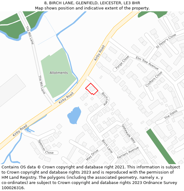 8, BIRCH LANE, GLENFIELD, LEICESTER, LE3 8HR: Location map and indicative extent of plot