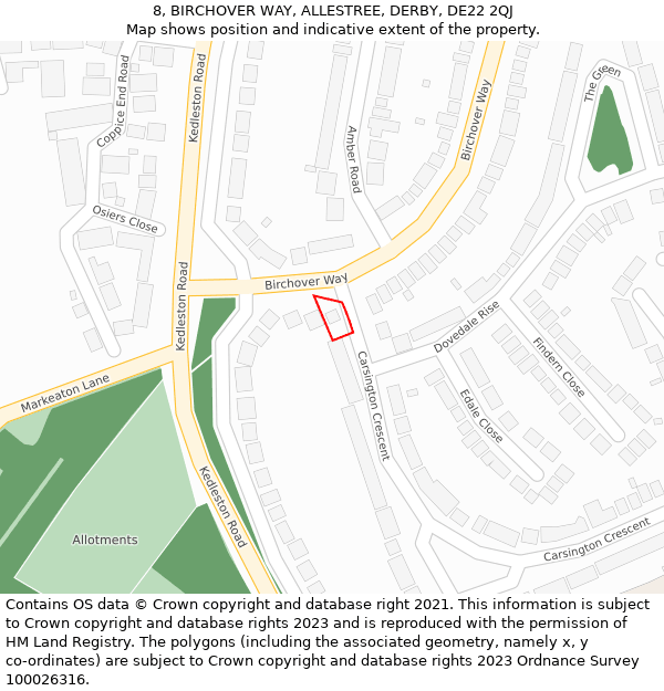 8, BIRCHOVER WAY, ALLESTREE, DERBY, DE22 2QJ: Location map and indicative extent of plot