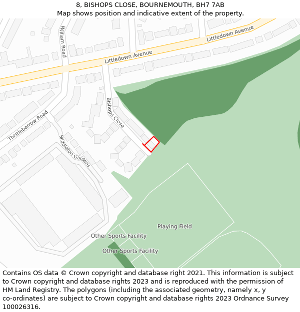 8, BISHOPS CLOSE, BOURNEMOUTH, BH7 7AB: Location map and indicative extent of plot