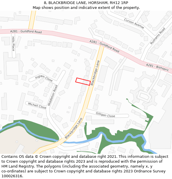 8, BLACKBRIDGE LANE, HORSHAM, RH12 1RP: Location map and indicative extent of plot