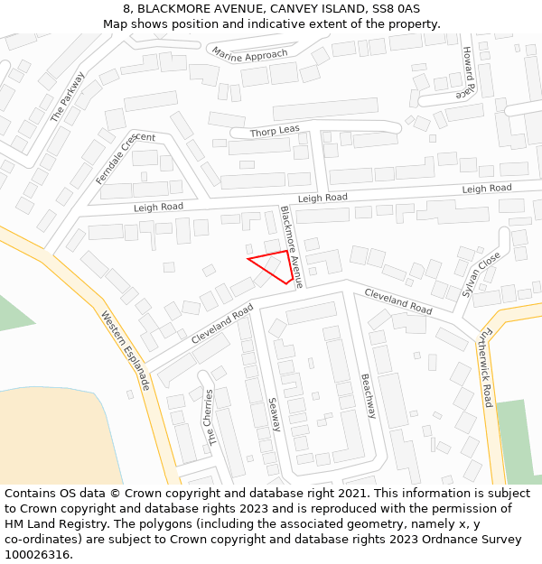 8, BLACKMORE AVENUE, CANVEY ISLAND, SS8 0AS: Location map and indicative extent of plot