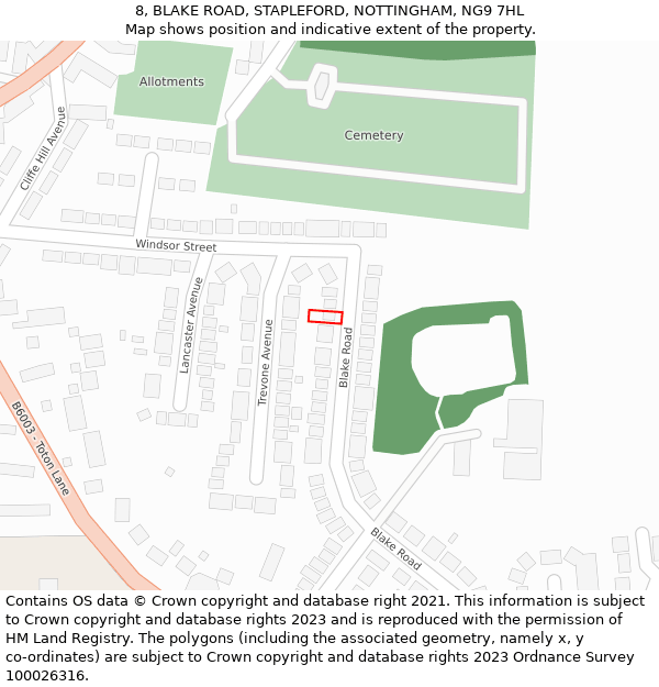 8, BLAKE ROAD, STAPLEFORD, NOTTINGHAM, NG9 7HL: Location map and indicative extent of plot