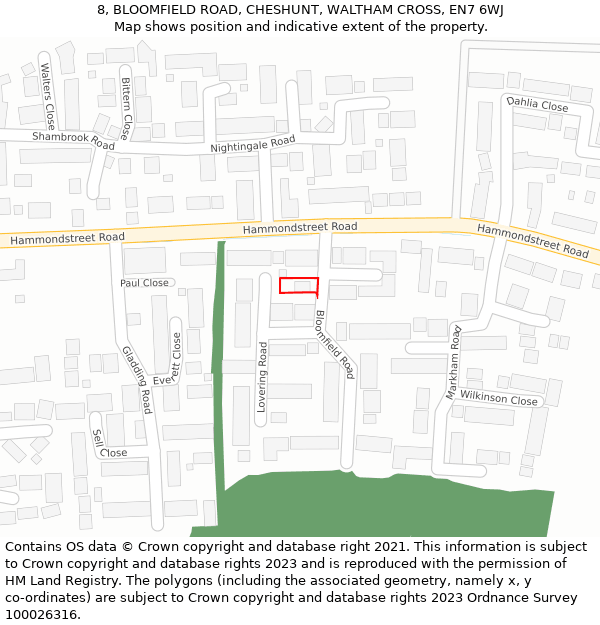 8, BLOOMFIELD ROAD, CHESHUNT, WALTHAM CROSS, EN7 6WJ: Location map and indicative extent of plot