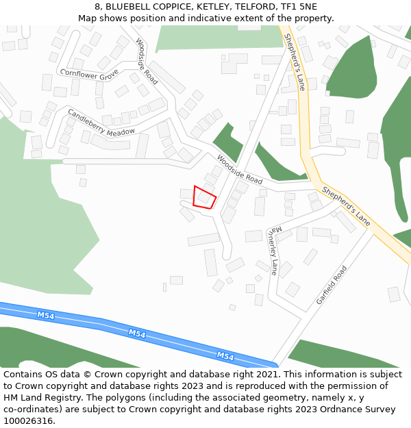 8, BLUEBELL COPPICE, KETLEY, TELFORD, TF1 5NE: Location map and indicative extent of plot