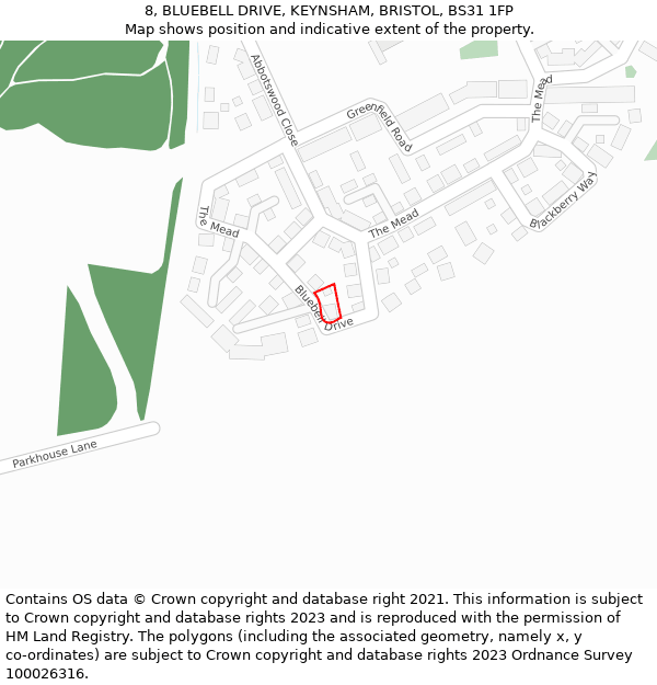 8, BLUEBELL DRIVE, KEYNSHAM, BRISTOL, BS31 1FP: Location map and indicative extent of plot