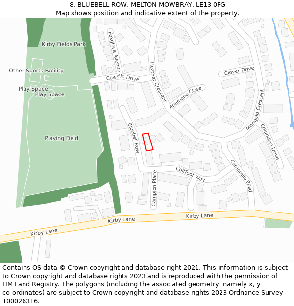 8, BLUEBELL ROW, MELTON MOWBRAY, LE13 0FG: Location map and indicative extent of plot