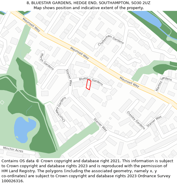 8, BLUESTAR GARDENS, HEDGE END, SOUTHAMPTON, SO30 2UZ: Location map and indicative extent of plot