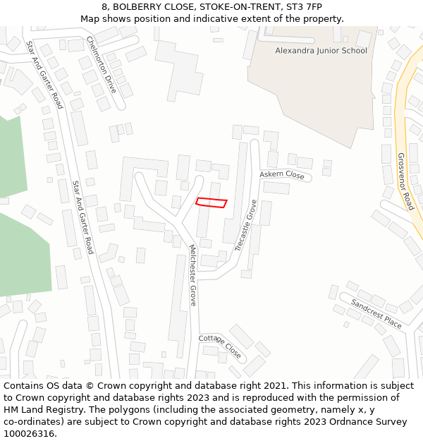 8, BOLBERRY CLOSE, STOKE-ON-TRENT, ST3 7FP: Location map and indicative extent of plot