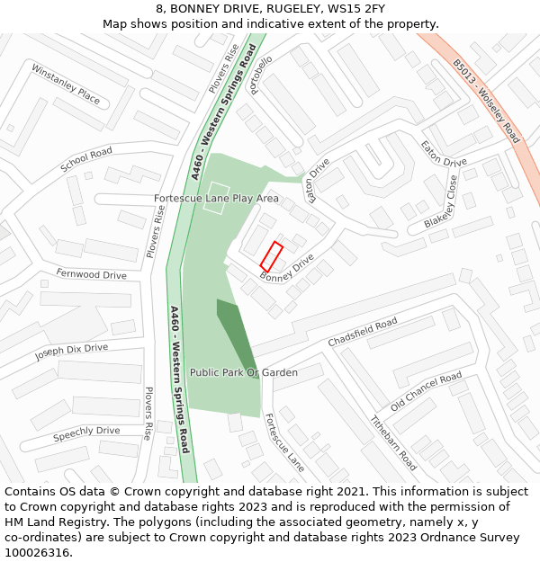 8, BONNEY DRIVE, RUGELEY, WS15 2FY: Location map and indicative extent of plot