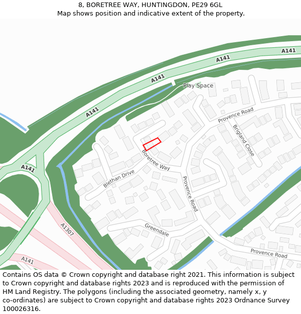 8, BORETREE WAY, HUNTINGDON, PE29 6GL: Location map and indicative extent of plot