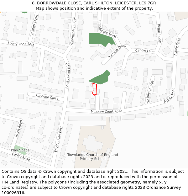 8, BORROWDALE CLOSE, EARL SHILTON, LEICESTER, LE9 7GR: Location map and indicative extent of plot