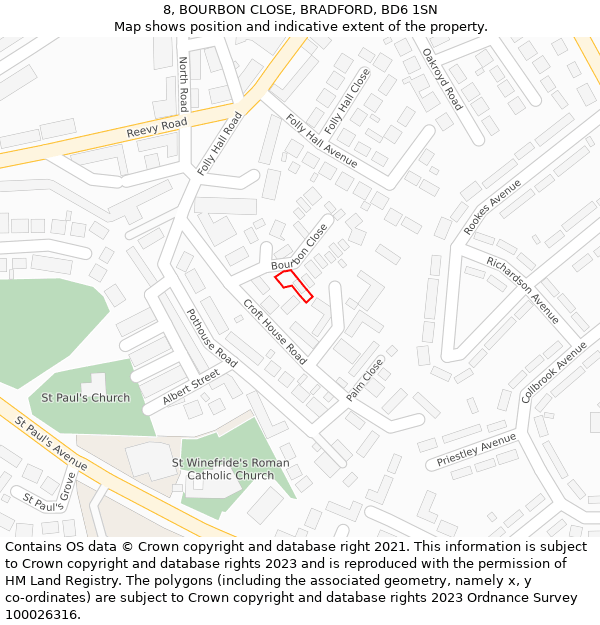 8, BOURBON CLOSE, BRADFORD, BD6 1SN: Location map and indicative extent of plot