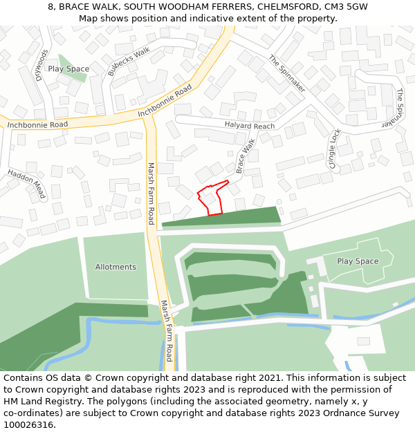 8, BRACE WALK, SOUTH WOODHAM FERRERS, CHELMSFORD, CM3 5GW: Location map and indicative extent of plot