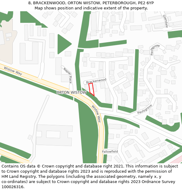 8, BRACKENWOOD, ORTON WISTOW, PETERBOROUGH, PE2 6YP: Location map and indicative extent of plot