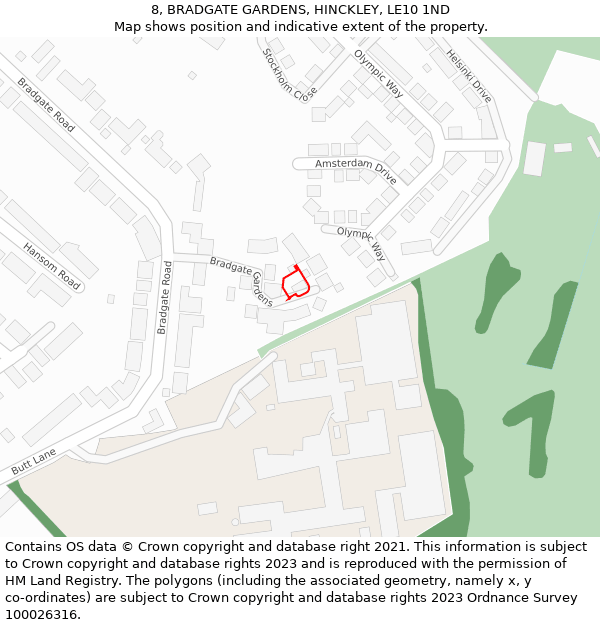 8, BRADGATE GARDENS, HINCKLEY, LE10 1ND: Location map and indicative extent of plot